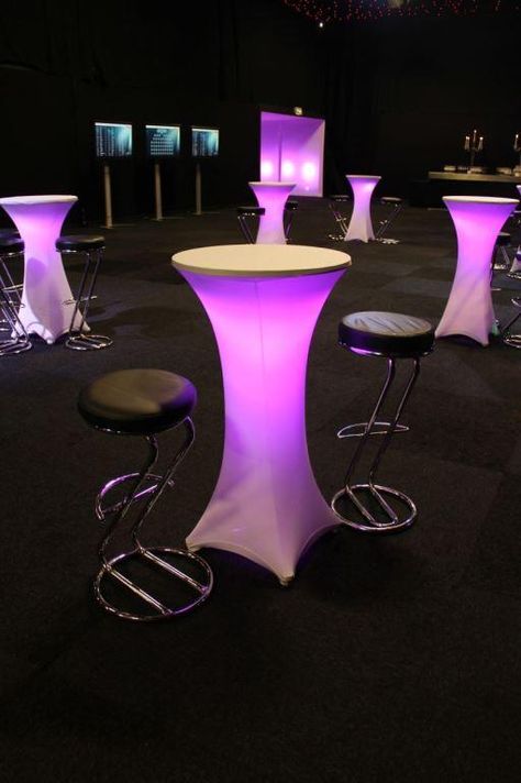 LED poseur tables Poseur Tables, 1960s Party, 70's Disco, Nightclub Design, Disco Theme, Home Dance, Standing Table, 70s Disco, Mum Birthday