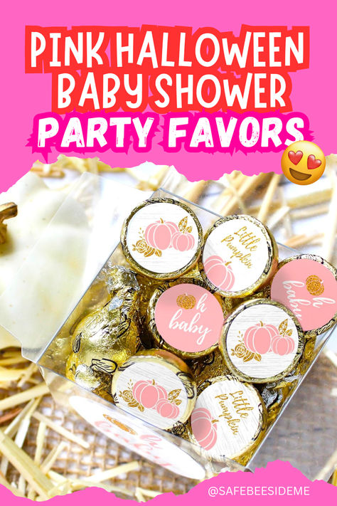 Pink Halloween Baby Shower Party Favors featuring chocolate kisses with cute pink pumpkin-themed stickers. Perfect for a fall baby shower or sprinkle, these sweet party favors add a festive and charming touch with pink and gold designs. Text overlay reads ‘Pink Halloween Baby Shower Party Favors’ in bold letters, with an adorable heart-eyes emoji for a fun, playful vibe. *We may earn a small commission from your purchase. Pink Halloween Baby Shower, Baby Shower Party Favors Girl, Baby Shower Party Favor, Pumpkin Girl, Kisses Candy, Shower Party Favors, Fall Girl, Gold Pumpkins, Candy Stickers