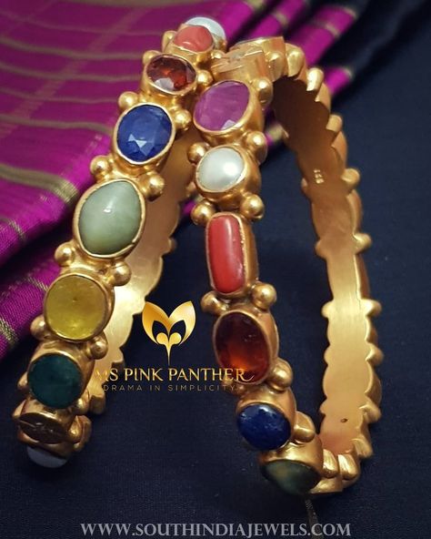 Gorgeous Navarathna Bangles From Ms Pink Panther Navarathna Bangles Gold, Navaratan Bangles, Oxidized Bangles, Delicate Silver Necklace, Bangle Design, Stone Bangle, Bangles Jewelry Designs, Pink Panther, Gold Bangles Design