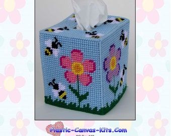 Springtime Decor, Flowers And Bees, Plastic Canvas Books, Kleenex Box Cover, Kleenex Box, Plastic Canvas Tissue Boxes, Plastic Canvas Patterns Free, Canvas Ideas, Plastic Canvas Crafts