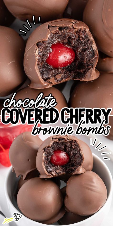 Chocolate Covered Cherry Brownie Bombs Chocolate Covered Cherries Recipe, Whipped Chocolate Frosting, Cherry Brownies, Chocolate Covered Cherry, Brownie Truffles, Easy Candy Recipes, Bombe Recipe, Cherry Desserts, Chocolate Covered Treats