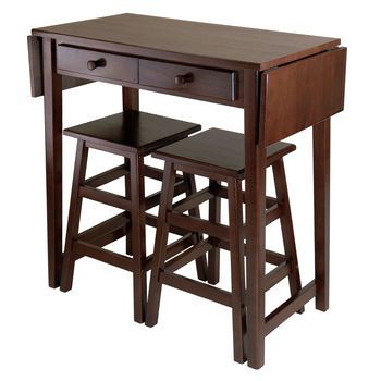 Winsome Wood WS-40338, Mercer Double Drop Leaf Table with 2 Stools, Cappuccino, 49.76'' W x 18.48'' D x 33.86'' H Dapur Rustic, Small Kitchen Table Sets, Small Kitchen Tables, Rustic Kitchen Island, Kitchen Island Table, 3 Piece Dining Set, Budget Decorating, Budget Ideas, Pc Table