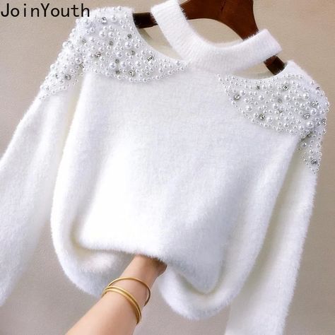 Nigikala Sweet Pullovers 2022 Women Clothing Heavy Beading Sexy Off Shoulder Knitwear Sweater Tops Pull Femme Fashion Jumper Velvet Sweater, Long Sleeve Evening Gowns, Winter Knit Sweater, Knitwear Sweater, Beaded Sweater, Sweater Tops, White Fashion, Beautiful Outfits