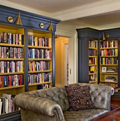 Home Office With Library, Office With Library, Modern Home Library Design, Library Design Home, Modern Home Library, Library Lighting, Library Shelves, Leather Chesterfield Sofa, Home Library Design