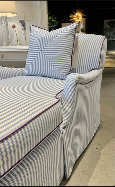 Highland House Furniture, Contrast Piping Sofa, Striped Couch Living Room, Ticking Stripe Sofa, Blue Striped Couch, Blue Striped Chair, Striped Furniture, Upholstery Details, Skirted Sofa