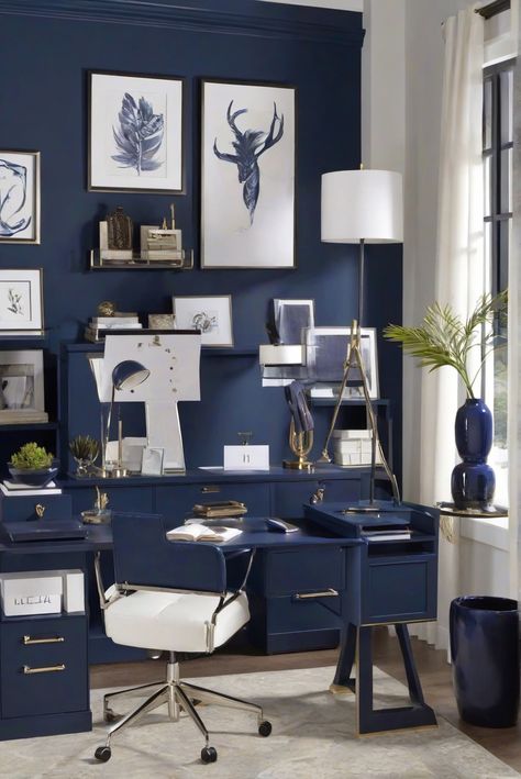 Dive into a powerful and creative office design with the bold depth of Benjamin Moore's Hale Navy (HC-154). Explore a daily routine for interior designers to elevate your space. #Ad #homedecor #homedesign #trendgirlApartment #Painthome #interiorarchitecture Wall Colors Green Room Colors Bright Room office Colors Apartment Renovation Home office Remodeling Modern Paint Colors 2024 Navy And Gray Office, Dark Navy Office Walls, Hale Navy Office Walls, Blue Paint For Office Walls, Blue Wall Office, Hale Navy Office Cabinets, Midnight Blue Office Dark Walls, Navy Accent Wall Office, Dark Blue Home Office