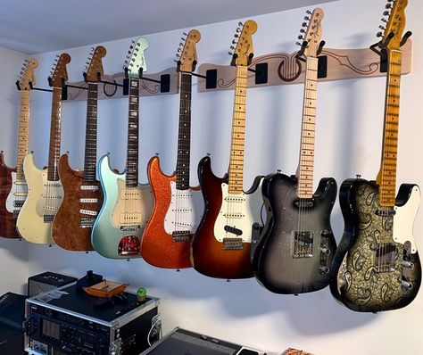 The Pro-File™ Wall Mounted Multi Guitar Hanger helped this collector save valuable floor space! #guitarhanger #guitarcollection #musicstudio #guitars Guitar Wall Mount Diy, Wall Mounted Guitar Ideas, Guitar Rack Wall, Guitar Wall Mount Ideas, Guitar Hanger Ideas, Guitar Wall Holder, Creativity Room, Iphone Wallpaper Rock, Guitar Hangers