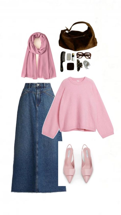 Pink sweater, jean skirt , outfit Modest Jean Skirt Outfits, Jean Skirt Outfit, Modest Hijabi Outfits, Jean Skirt Outfits, Hijabi Outfit, Modesty Outfits, Cute Modest Outfits, Pink Jeans, Skirt Outfit