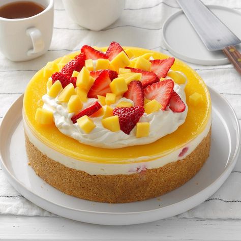 No-Bake Mango Strawberry Cheesecake Recipe: How to Make It No Bake Summer Desserts, Mango Cheesecake, Strawberry Cream Cheese, Refreshing Desserts, Strawberry Pie, Strawberry Cheesecake, Savoury Cake, Taste Of Home, Strawberries And Cream