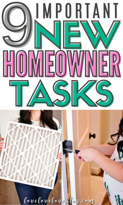 These 9 tasks should be on every new homeowner checklist! Learn all of my best tips for new homeowners to help you save money and keep your home protected. Don't miss these vital new homeowner tips! Homeowner Essentials, Homeowner Checklist, Homeowner Hacks, First Home Checklist, Home Checklist, Buying First Home, Homeowner Tips, House Checklist, New Home Checklist