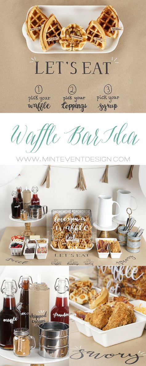 Mothers day breakfast ideas / Mothers Day Brunch idea / Waffle bar ideas / Breakfast bar ideas / Rustic breakfast / Chalkboard sign for food / menu chalkboard sign / www.minteventdesign.com Party Breakfast, Birthday Breakfast Party, Brunch Bar, Buffet Party, Waffle Bar, Mothers Day Breakfast, Breakfast Party, Birthday Breakfast, Brunch Buffet