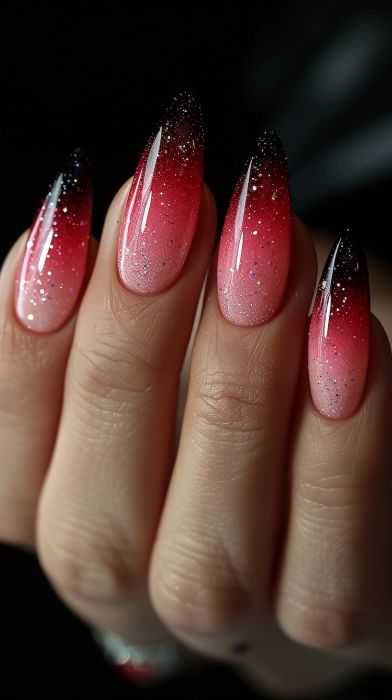 Pink Ombre Nails Sparkly Ombre Acrylic Nails, Sunset Inspired Nails, Nails Acrylic Ombre, Pink Ombre Nail Art, Sparkly Ombre Nails, Watermelon Crush, Elite Nails, Uñas Ideas, Stiletto Nails Short