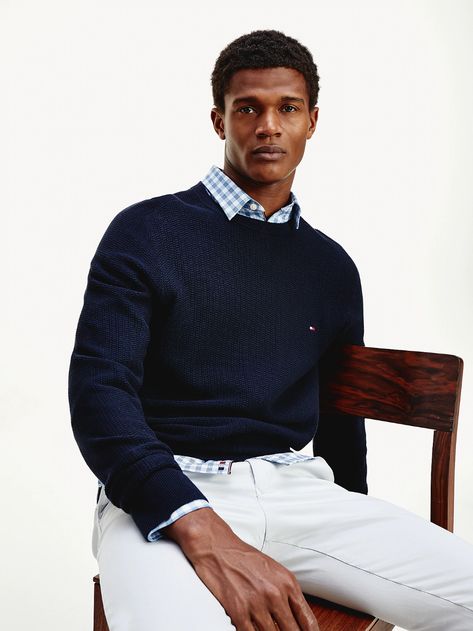 Textured Crew Neck Jumper | BLUE | Tommy Hilfiger Light Blue Jumper Outfit Men, Tommy Hilfiger Outfits Men, Tommy Hilfiger Outfits, Tommy Hilfiger Classic Crew Neck Sweater, Tommy Hilfiger Crew Neck Sweatshirt For Streetwear, Tommy Hilfiger Sweater Men, Tommy Hilfiger Cotton Crew Neck Sweater, Preppy Man, Half Zip Jumper