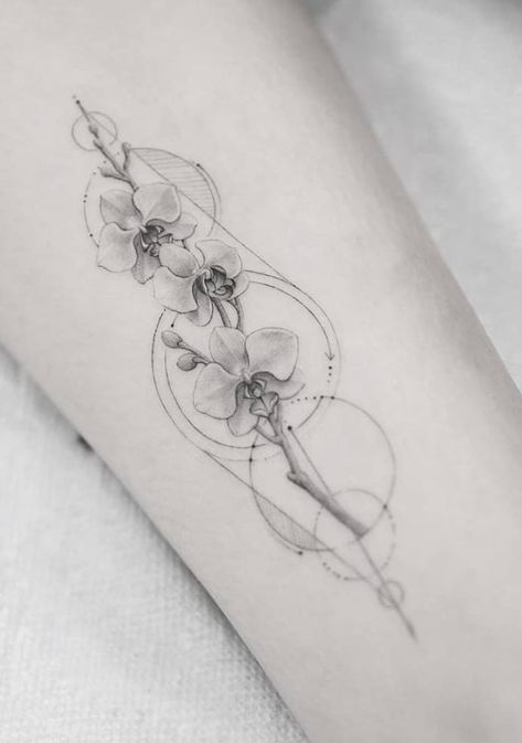 Geometric Flower Tattoos: A Visual Guide Purple Orchid Tattoo, Orchid Tattoo Meaning, Orchid Tattoos, Orchid Flower Tattoos, Tattoos Infinity, Orchid Tattoo, Inspiration Tattoo, Tattoos Geometric, Forearm Tattoo Women