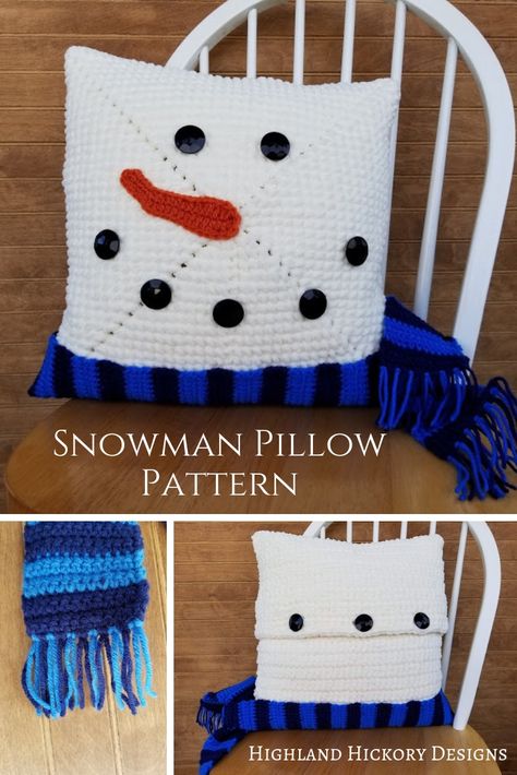 Crochet Snowman Pillow, Crocheted Snowman, Beau Crochet, Crocheted Christmas, Snowman Pillow, Crocheting Patterns, Crochet Snowman, Crochet Pillow Cover, Confection Au Crochet