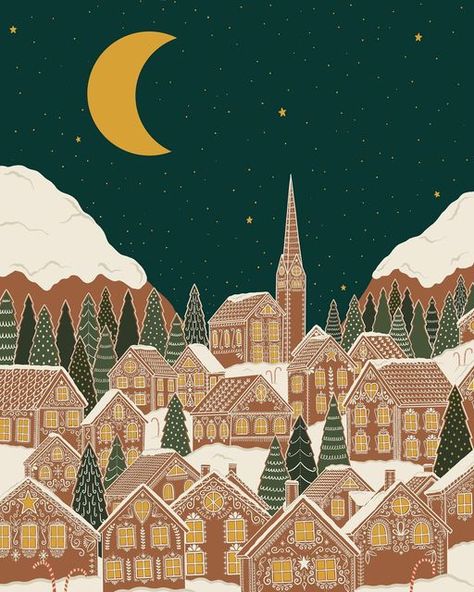 Town Drawing, Village Drawing, House Doodle, Gingerbread Village, Christmas Landscape, I Love Drawing, Winter Illustration, Christmas Gingerbread House, Love Drawing