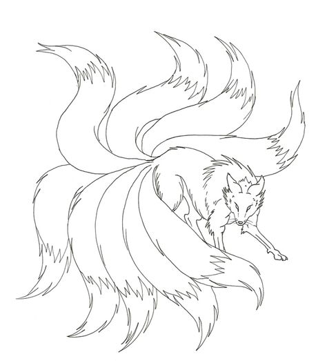 Kitsune Kitsune Drawing Reference, Nine Tailed Fox Drawing, Wolf Tail Drawing, Nine Tailed Fox Art, Fox Coloring Pages, Wolf Deviantart, 9 Tailed Fox, Fox Sketch, Tail Drawing