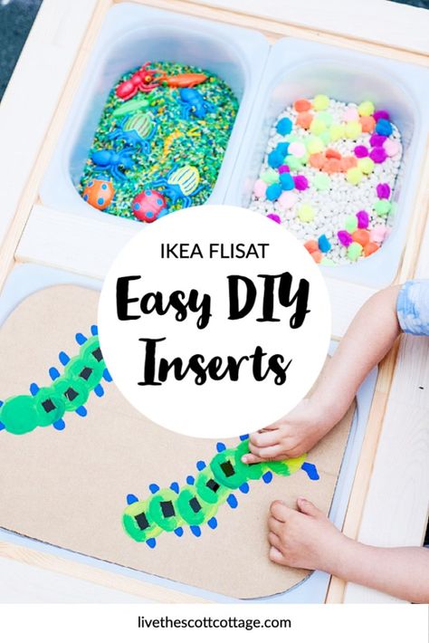 Toddler Sensory Play Inserts for the IKEA Flisat Table | Review & Ideas - The Scott Cottage Fun Sensory Table Ideas, Trofast Insert Diy, Ikea Table Sensory Bin, Flisat Cardboard Insert, Sensory Table Organization, Flisat Insert Template, Flisat Table Inserts Diy, Free Flisat Printable, Sensory Table Inserts