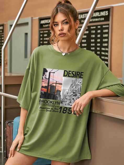 Army Green Casual  Half Sleeve Polyester Graphic,Slogan  Embellished Slight Stretch Summer Women Tops, Blouses & Tee Green Tshirt Outfit, Oversized Graphic Shirt, Oversized Tee Outfit, Green Clothes, Printed Tee Women, Oversize Tshirt Outfits, Baggy Tee, Trendy Shirt Designs, Graphic Tee Outfits