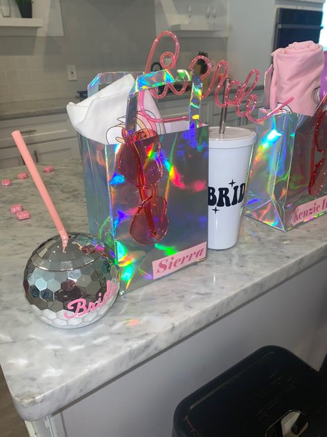 Iridescent Bachelorette Party, Holographic Bachelorette Party, Lisa Frank Bachelorette Party, Disco Batchloret, Disco Ball Cups Bachelorette, Holographic Bachelorette Bags, Bach Gift, Bachelorette Party Themes, Kitchen Tea