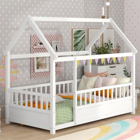 PRICES MAY VARY. 🥇🥇 【House Bed for Kids: DIY Own Sapce】Featuring house-shaped roof, fence and door, this twin size house bed creates a more fun & adorable sleeping space. Kids can DIY their own montessori floor bed to be more fantastic meanwhile increase interaction with your kids. You can freely DIY on the roof with valances, lamps and so on to create a dreamy sleeping space. 🥇🥇 【Kids House Floor Bed: Safety】The safety of this house floor bed twin size is certified by Children's Product Cer Floor Bed Twin Size, Floor Bed Twin, Twin Montessori Bed, House Bed For Kids, Twin Size House Bed, Twin Floor Bed, High Fence, Bed Twin Size, Twin House Bed