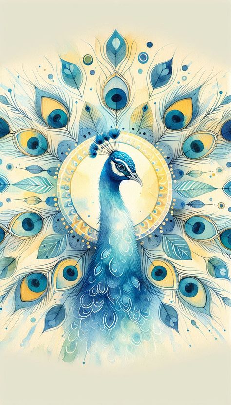 Majesty in Feathers: The Peacock’s Splendor Dive into a world of vibrant beauty with this exquisite watercolor illustration of a peacock, adorned with a mesmerizing array of eye-like feathers that radiate mystique and elegance. This piece captures the essence of nature’s artistry, combining intricate details and a soothing color palette to create a visual feast that enchants and inspires. #PeacockArt #WatercolorPainting #BirdArt #NatureInspiration #ArtLovers #PeacockFeathers #WildlifeArt #N... Pecoke Feather Peacock Art, Peacock Doodle Art, Peacock Aesthetic, Peacock Feather Drawing, Ganpati Art, Soothing Color Palette, Peacock Illustration, Peacock Feather Art, Watercolor Peacock