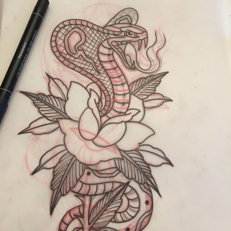 Rose and Snake for tomorrow. #rose #snaketattoo #cobratattoo #tattoo #mirkocolli Snake And Dagger Tattoo Design, Traditional Snake Tattoos, Snake And Rose Tattoo, Trad Rose, Snake And Dagger Tattoo, Snake Sketch, Traditional Japanese Tattoo Flash, Traditional Snake, Floating Art