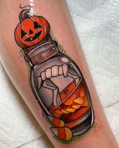 Tattooartcoryc on Instagram: “🎃 Thanks for logging in, you have received 1x "Spirit of Halloween" potion. 🎃 What is your favorite Halloween candy? . More potion bottles…” Horror Cute Tattoo, Nola Inspired Tattoos, Halloween Shin Tattoo, Neotraditional Horror Tattoo, Halloween Aesthetic Tattoo, Halloween Shoulder Tattoo, Spooky Knee Tattoos Women, Spooky Halloween Tattoos, Horror Inspired Tattoos