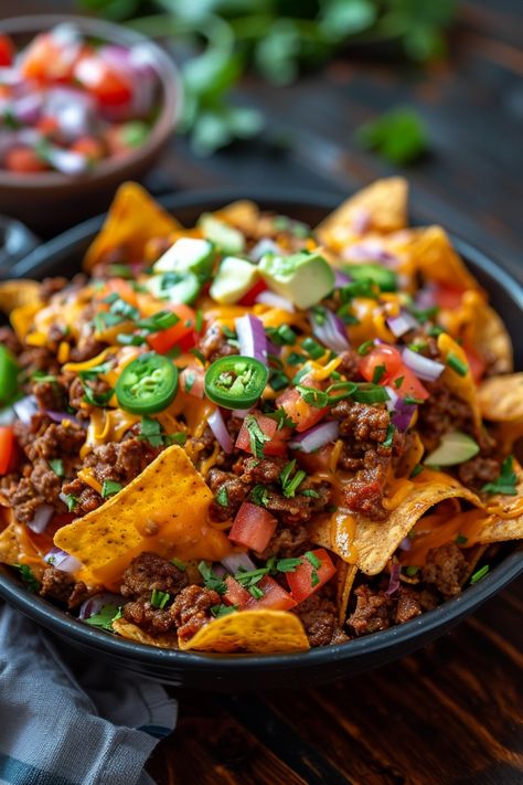 Loaded nachos topped with ground beef, cheese, tomatoes, onions, jalapeños, and cilantro in a black bowl. Loaded Doritos Nachos, Air Fryer Chicken Nachos, Loaded Nachos Recipe Beef, Fall Roast, Nachos Aesthetic, Nachos And Cheese, Air Fryer Nachos, Loaded Nachos Recipe, Nachos Recipe Beef