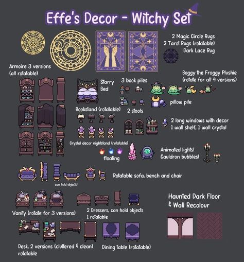 Effe's Decor - Witchy at Fields of Mistria Nexus - Mods and community Stardew Valley Witchy Farm, Stardew Valley Mods Character, Fields Of Mistria, Stardew Mods, Stardew Farms, Stardew Valley Tips, Stardew Valley Fanart, Pixel Drawing, Pixel Art Games