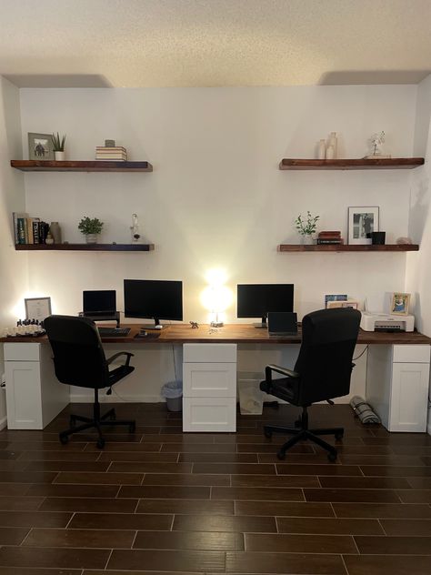 Four walnut stained floating shelves against a white wall. Two on each side. With a solid American cherry butcher block desk that spans the wall, fixed atop 3 white cabinets. Shelves Above Desk, Butcher Block Desk, Shared Home Office, Women Home Office, Guest Bedroom Home Office, Office Ideas For Women, Home Office Layouts, Home Office Ideas For Women, Home Office Shelves