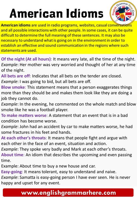 American Idioms List, Definitions and Example Sentences; American Idioms The idiom is a collection of culture or region-specific sentences that are not easily understood or difficult to translate based on the true definition of the words used only. American idioms are sentences used by Americans in some cases to express themselves differently. American idioms may not be fully understood when read directly. However, when the entire sentence is evaluated, its meaning can be revealed. Such ... Business Idioms, American Idioms, American Slang, English Expressions, English Adjectives, Best Essay Writing Service, Idioms And Phrases, Slang Words, Myself Essay