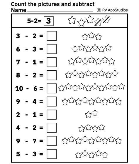 FREE & PRINTABLE Subtraction worksheets PDF for kids. Free printable subtraction worksheets. Count and subtract printable for kids. #subtraction #worksheets #kids #preschool #missingnumbers #freeprintables #count #subtract #rvappstudios Counting Worksheet, Free Kindergarten Printables, Math Fact Worksheets, Math Practice Worksheets, Kindergarten Phonics Worksheets, Free Printable Math Worksheets, Math Sheets, Counting Worksheets, Kids Worksheets