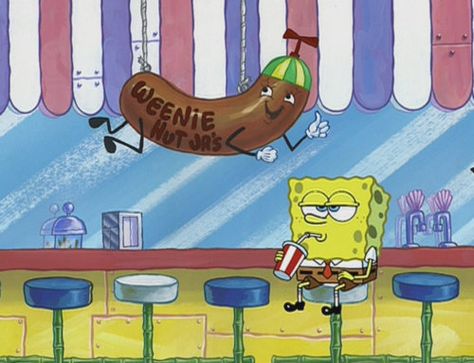 Sometimes you just gotta embrace your loser-ness and go sit inside Weenie Hut and sip your soda and ponder. Weenie Hut Jr, No Weenies Allowed, The Spongebob, Spongebob Squarepants, Bar