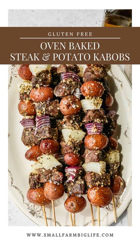 This easy recipe for oven baked steak and potato kabobs makes a quick meal! The skewers are stacked with beef steak, onions and baby red potatoes. Each kabob is brushed with a rosemary oil mixture that gives them lots of flavor. #glutenfree #recipe Steak Kebabs In The Oven, Steak And Red Potatoes, Steak Skewer Recipes, Unique Kabob Ideas, Oven Skewers Kabob Recipes, Beef Kebabs In The Oven, Baked Kebab Recipes, Oven Kebab Recipes, Shiskabob Recipes Oven