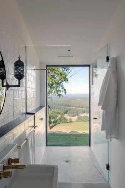 Top 70 Best Shower Window Ideas - Bathroom Natural Light Shower Windows Ideas, Bathroom Windows In Shower, White Concrete Floors, Window With A View, Shower Window, Brass Taps, Big Shower, Bathroom Big, Window In Shower