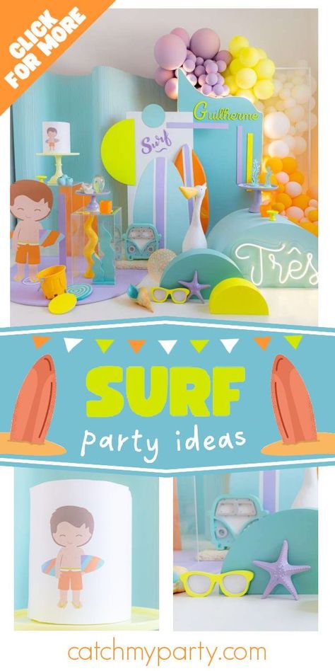 Check out this fun surf-themed birthday party! The dessert table is fantastic! See more party ideas and share yours at CatchMyParty.com Surf Birthday Party, Surf Birthday, Surf Party, Summer Birthday Party, Birthday Party Activities, Childrens Birthday Party, Beach Surf, Summer Birthday, Boy Birthday Party