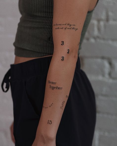 Photos from an all text arm composition — maybe one of my favorite projects this summer. Would love to do something like this on someone’s back! Or just do another bare arm with all or mostly only text / script / numbers / type face ✨ Who’s interested? Thank you so muchhhhh Tattie babe, adore you 🫶🏻 Script Numbers, Date Tattoos, Lyric Tattoos, Magnolia Park, Type Face, Text Tattoo, Tattoo Life, Tattoo Placement, Minimal Tattoo