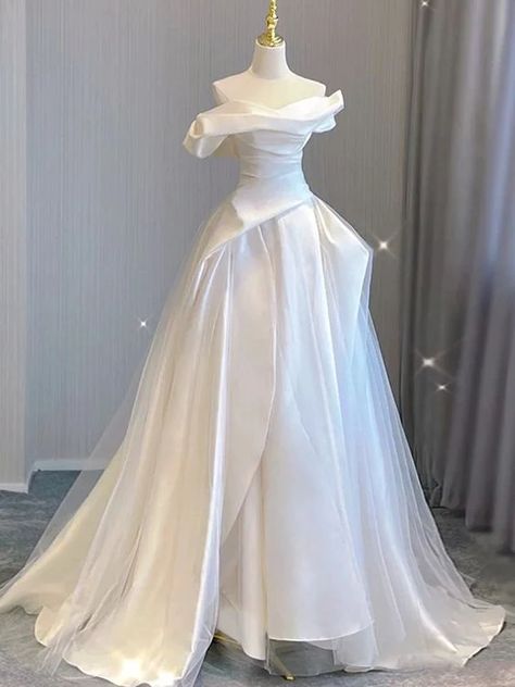 White Satin Tulle Off the Shoulder Pleats Wedding Dress fg4100 – formalgowns White Off The Shoulder Wedding Dress, White Cotillion Dresses, White Ballgown Dress, Wedding Venues Church, Off The Shoulder Wedding Dress, Winter Wedding Venues, Tulle Wedding Dresses, Shoulder Wedding Dress, Tulle Sleeves