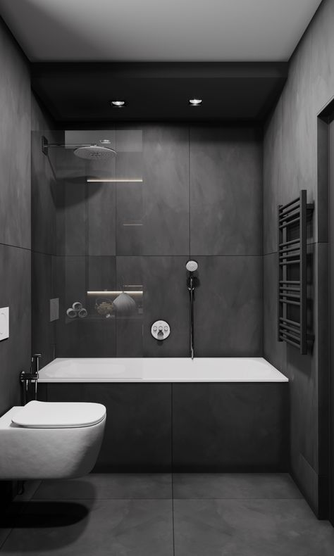 All Grey Bathroom, Dark Floor Bathroom Ideas, Dark Grey Bathroom Ideas, Black Grey Bathroom, Dark Floor Bathroom, Dark Grey Bathroom, Washroom Tiles Design, Grey Bathroom Ideas, Bathroom Tiles Combination