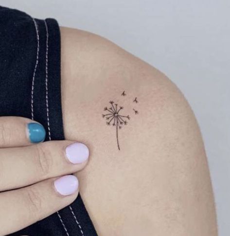 Dandelion Tattoo Design, Floral Tattoo Shoulder, Small Shoulder Tattoos, Dandelion Tattoo, Petite Tattoos, Back Of Shoulder Tattoo, Shoulder Tattoos, Shoulder Tattoos For Women, Discreet Tattoos