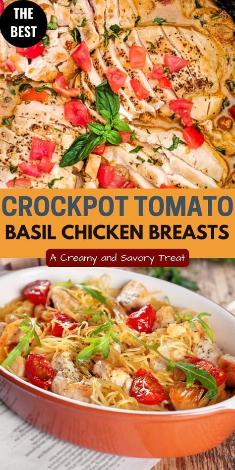 This crockpot creamy tomato basil chicken breasts recipe is easy and delicious. Just toss the ingredients in the crockpot and enjoy a hearty meal. Creamy Tomato Basil Chicken, Tomato Basil Chicken Recipe, Chicken In Crockpot, Tomato Basil Recipes, Chicken Breast Recipes Slow Cooker, Basil Chicken Recipe, Chicken And Rice Crockpot, Fall Slow Cooker Recipes, Chicken Breast Slow Cooker