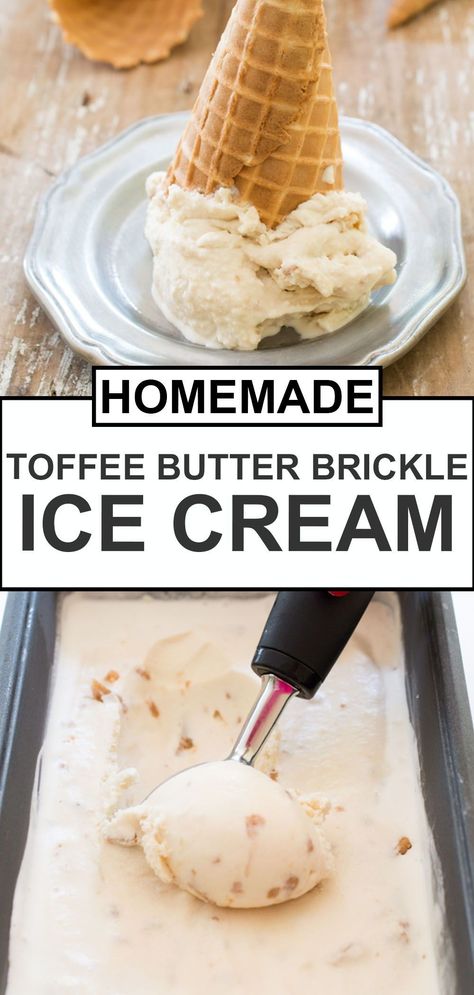 This Butter Brickle Ice Cream with Homemade Toffee is incredibly easy to make. Add all of the homemade ice cream ingredients to a saucepan and cook just until the sugar dissolves. Let the mixture cool in the fridge and add to your ice cream maker. This homemade Butter Brickle ice cream recipe is so much better than store bought and is worth the effort! Try it this summer - this treat is perfect for hot days! #icecream #homemadetoffee Butter Brickle Ice Cream, Homemade Ice Cream Ingredients, Butter Brickle, Chef Savvy, Kitchen Aid Recipes, Homemade Toffee, Freezer Friendly Meals, Vanilla Ice Cream Recipe, Pumpkin Coffee Cakes