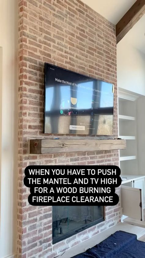 cardinalcrestkc on Instagram: @mantel_mount . When you have to push the mantle high for a wood burning fireplace. Thank you @bravaskc for killing it here. . . . . . . .… Tv Over Wood Burning Fireplace, Tv Above Wood Burning Fireplace, Wood Burning Fireplace Ideas, Industrial Glam Decor, Tv Mount Over Fireplace, Mantel Mount, Fireplace Tv Mount, Industrial Glam, Mantel Design