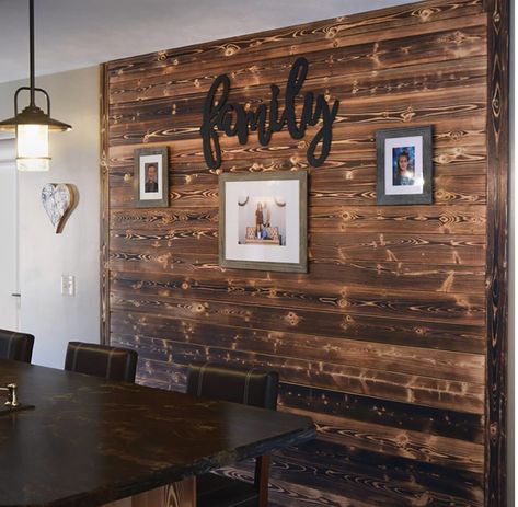 Charred wood accent walls (Home Depot) Feature Wall Modern, Kitchen Accent Wall Ideas, Wood Walls Living Room, Wood Shiplap Wall, Interior Accent Wall, Wood Shiplap, Pine Trim, Wood Wall Design, Trim Board