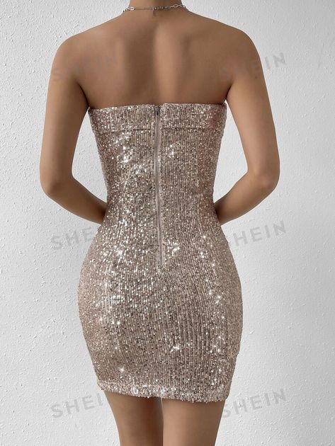 1pc Sequin Tube Bodycon Dress Tube Bodycon Dress, Sequin Gown, Dress Gold, Dress For Short Women, Tube Dress, Gold Glitter, Sequin, Short Dresses, Bodycon Dress