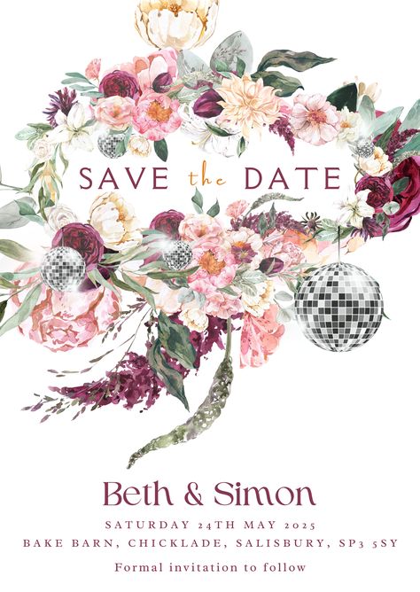 Save the Date invitations for wedding - floral, autumnal, rustic, disco balls, party Disco Balls Party, Disco Theme, Indian Bride Outfits, Bride Outfits, Floral Party, Disco Balls, Formal Invitation, Save The Date Invitations, Bride Clothes