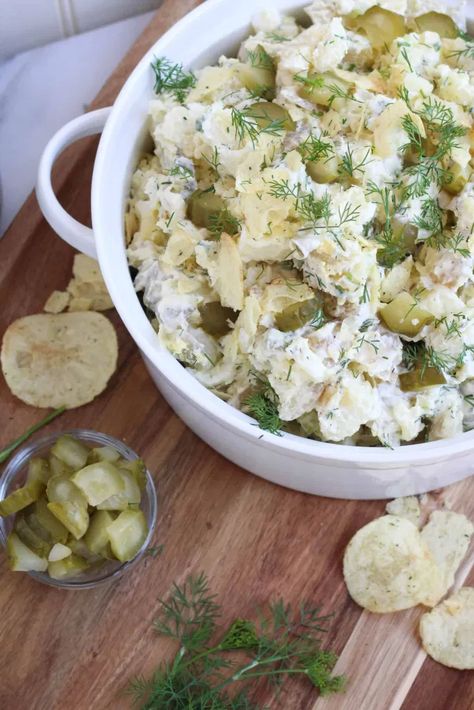 Dill Pickle Potato Chips, Pickle Potato Chips, Dill Pickle Potato Salad, Chip Salad, Pickle Potato Salad, Fried Dill Pickles, Potato Chip Recipes, Classic Potato Salad, Bacon Potato Salad