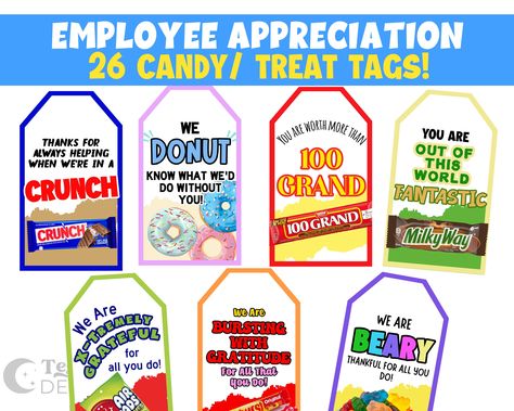 "26 Employee Appreciation Tags | Candy Bar Gift Tag | Treat Tags | Employee Treat Award | Teacher Gift | Staff Colleague Appreciation Day Thank your employees/colleagues/teachers with this fantastic bundle of motivating/gratitude filled treat/candy tags! They're perfect for employee appreciation day/rewards/awards or any day to give thanks to those that keep your company and teams running smoothly! 21 treat tags with diagonal cuts 5 rectangular treat tags 26 unique tags in all! ★★TEACHER Appreciation Candy/Treat Tags here★★ https://www.etsy.com/listing/1724020015/ ★★Appreciation Candy/Treat Signs - 10 x 8 signs★★ https://www.etsy.com/listing/1717790495/ ★★Teacher Appreciation Candy/Treat Tags Rectangular★★ https://www.etsy.com/listing/1709824250/ ★★Appreciation Signs here★★ https://www.ets Employee Appreciation Awards, Teacher Appreciation Signs, Candy Tags, Candy Bar Gifts, Staff Awards, Bar Gift, Client Appreciation, Employee Appreciation Gifts, Staff Appreciation