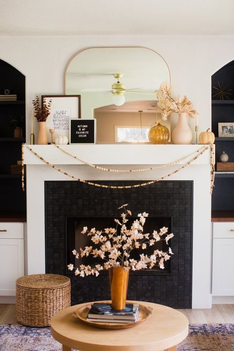 Boho Mantle, Candle Mantle Decor, Fall Kitchen Decor Ideas, Mantle Candles, Mantle Styling, Entertainment Room Decor, Gaming Room Decor, Fall Mantle, Fall Kitchen Decor